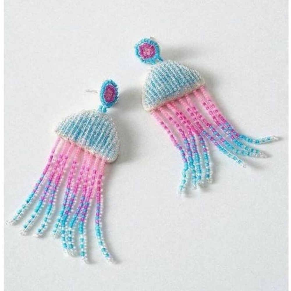 Boho Chic Jellyfish Beaded Handmade Earrings - Pink & Blue - Picture 3 of 3